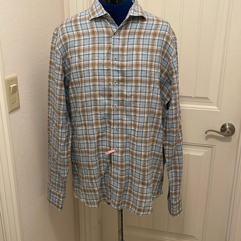 Stenstroms Spread Collar‎ Check Print Fitted Body Linen Shirt Men L Blues $280